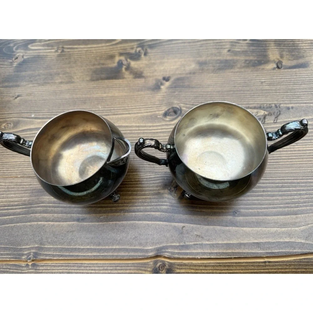 Vintage Oneida Silverplate Creamer Sugar Bowl Set Footed Ornate Handles